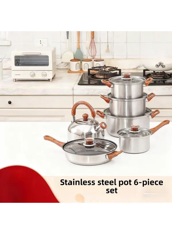 6 Piece Stainless Nonstick Cookware Set With Wood Grain Handle And Kettle For Induction - Image 1