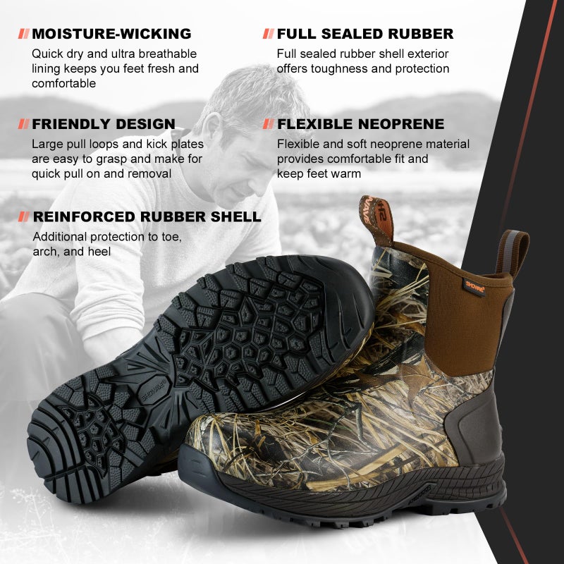 Showave Men's Rain Boots Waterproof Excursion Rubber Boots Insulated Mud Booties for Trekking Gardening Farming Camping Fishing and Chore Work (Camo, Size 10) - Image 4