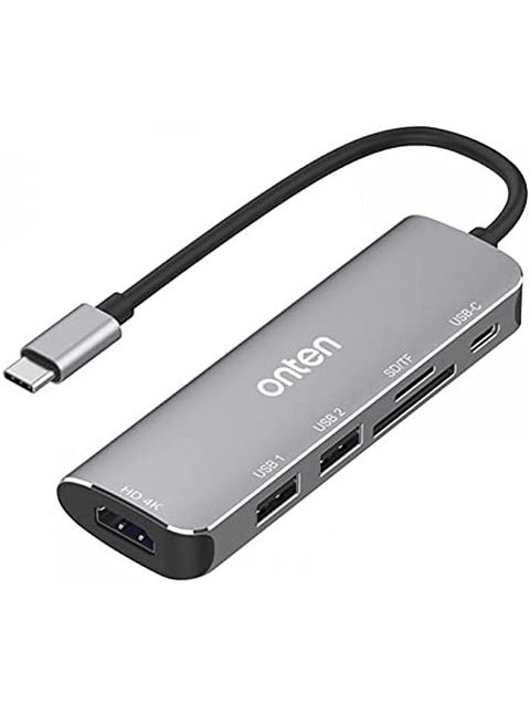 Onten OTN 95116 5 في 1 Type C محطة إرساء متعددة الوظائف 2x USB 3.0 SD TF قارئ بطاقات HDMI Type-C PD ميناء رمادي