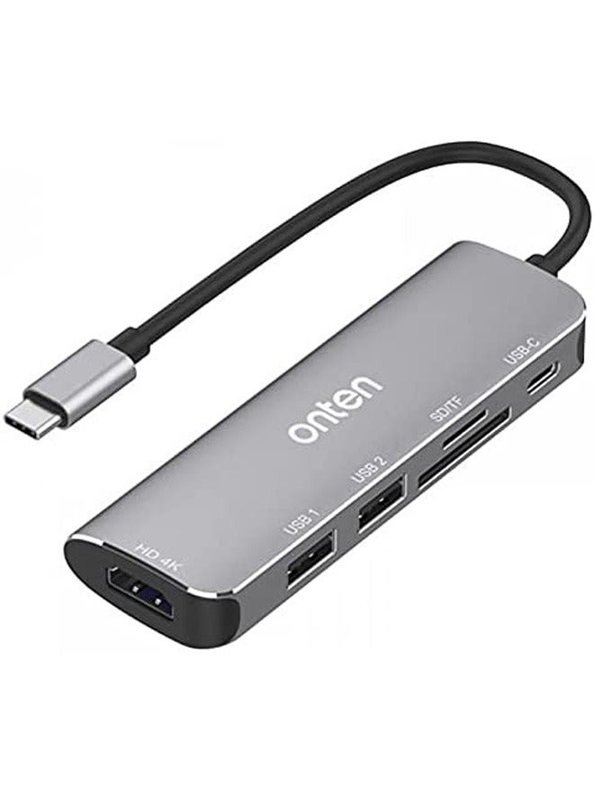 Onten OTN 95116 5 في 1 Type C محطة إرساء متعددة الوظائف 2x USB 3.0 SD TF قارئ بطاقات HDMI Type-C PD ميناء رمادي