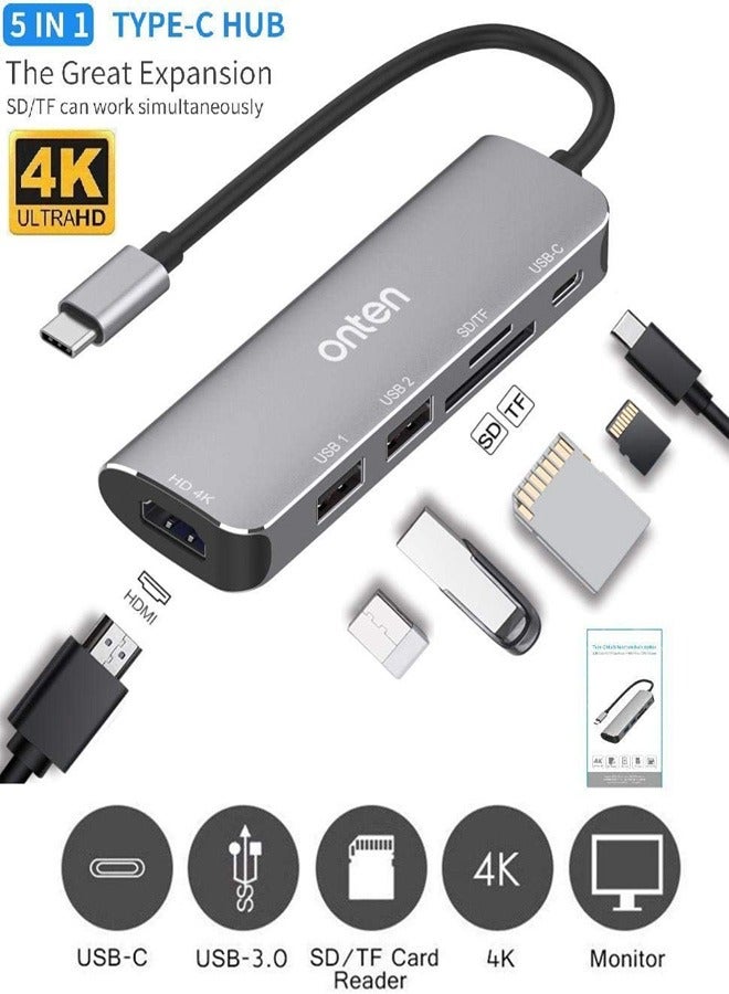 Onten OTN 95116 5 في 1 Type C محطة إرساء متعددة الوظائف 2x USB 3.0 SD TF قارئ بطاقات HDMI Type-C PD ميناء رمادي
