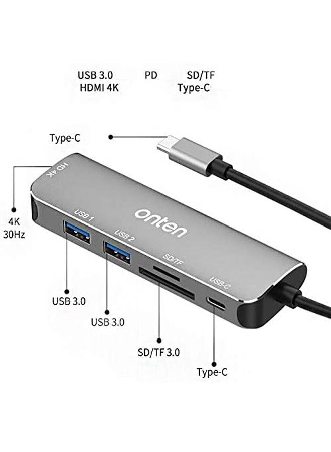 Onten OTN 95116 5 في 1 Type C محطة إرساء متعددة الوظائف 2x USB 3.0 SD TF قارئ بطاقات HDMI Type-C PD ميناء رمادي