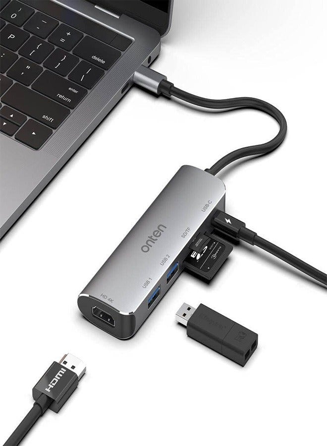 Onten OTN 95116 5 في 1 Type C محطة إرساء متعددة الوظائف 2x USB 3.0 SD TF قارئ بطاقات HDMI Type-C PD ميناء رمادي