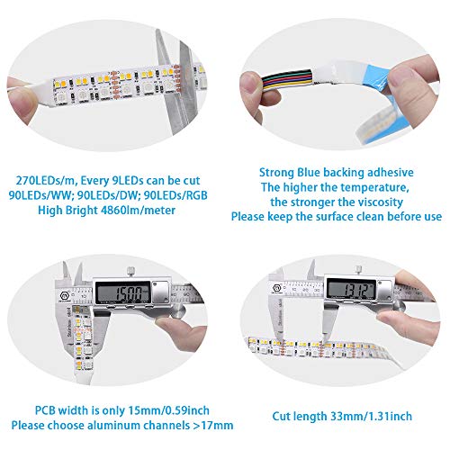 SuperlightingLED DC12V RGB CCT Color Changing LED Strip Light, 5050 RGB 2835 Warm White Daylight White Double Row Super Bright RGBWW Non-Waterproof Flexible LED Tape Light(DC12V 5meter/16.4ft) - Image 3