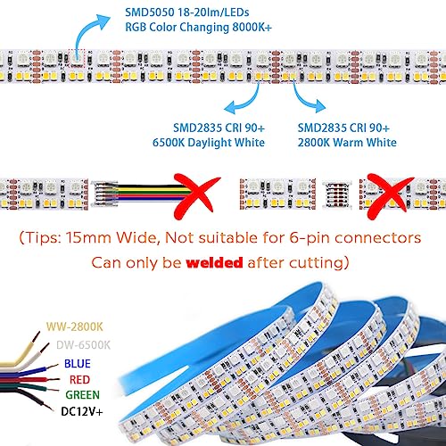 SuperlightingLED DC12V RGB CCT Color Changing LED Strip Light, 5050 RGB 2835 Warm White Daylight White Double Row Super Bright RGBWW Non-Waterproof Flexible LED Tape Light(DC12V 5meter/16.4ft) - Image 2