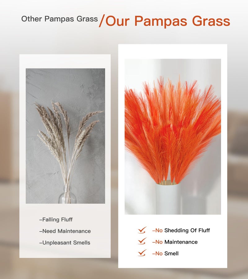 MUUNC 9 Pcs 45" Tall Pampas Grass Orange Decor, Long Stem Artificial Flower Floor Vase Large Faux Floral Pompas Fake Plants Dried Bouquet Arrangement Vase Filler for Boho Home Wedding Decoration - Image 5