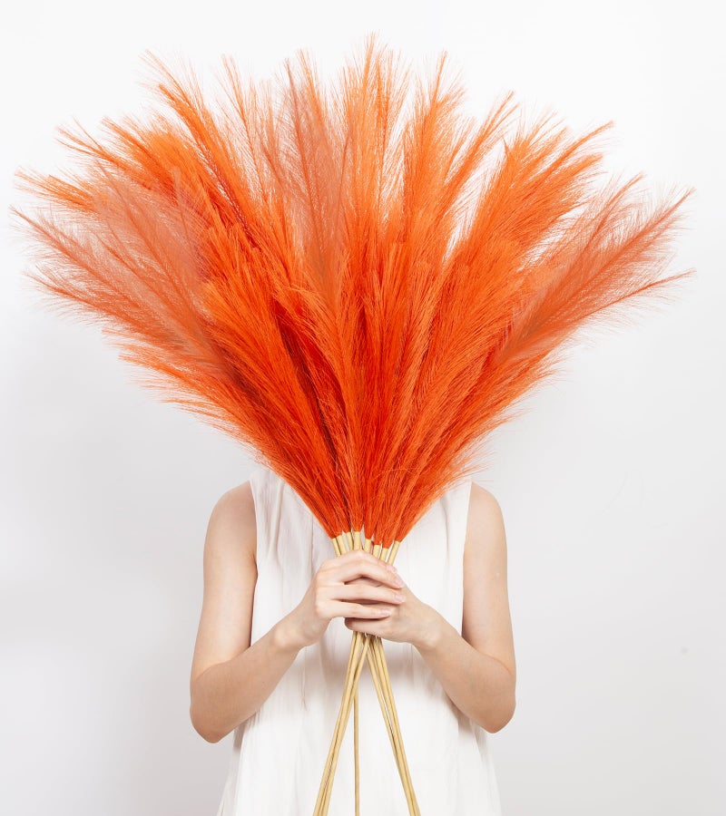MUUNC 9 Pcs 45" Tall Pampas Grass Orange Decor, Long Stem Artificial Flower Floor Vase Large Faux Floral Pompas Fake Plants Dried Bouquet Arrangement Vase Filler for Boho Home Wedding Decoration - Image 1