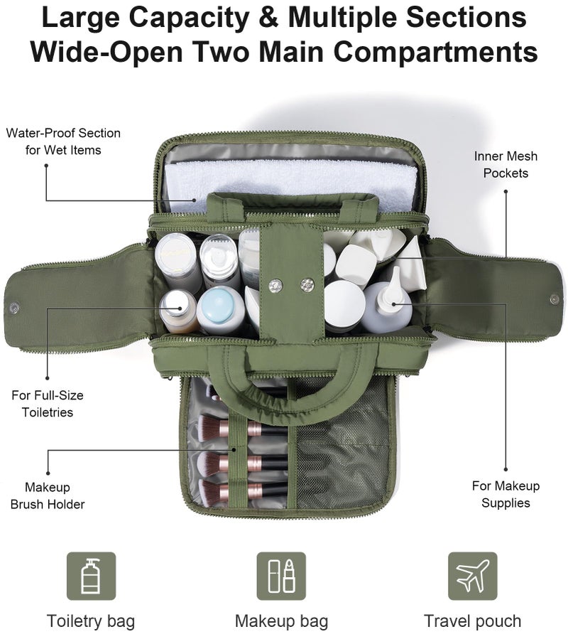 Bagstellar Travel Toiletry Bag, Large Wide-open Puffy Toiletry Bag for Women, Lightweight Quilted Makeup Bag Cosmetic Organizer with Handle Water-resistant Travel Essentials for Toiletries Accessories Army Green - Image 3