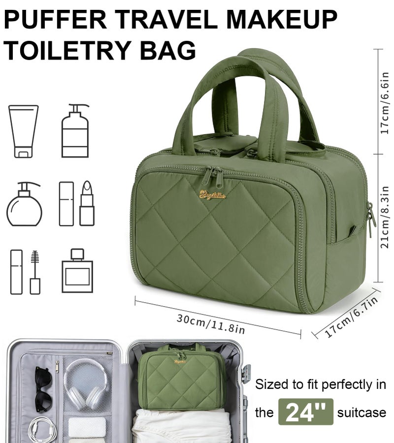 Bagstellar Travel Toiletry Bag, Large Wide-open Puffy Toiletry Bag for Women, Lightweight Quilted Makeup Bag Cosmetic Organizer with Handle Water-resistant Travel Essentials for Toiletries Accessories Army Green - Image 2