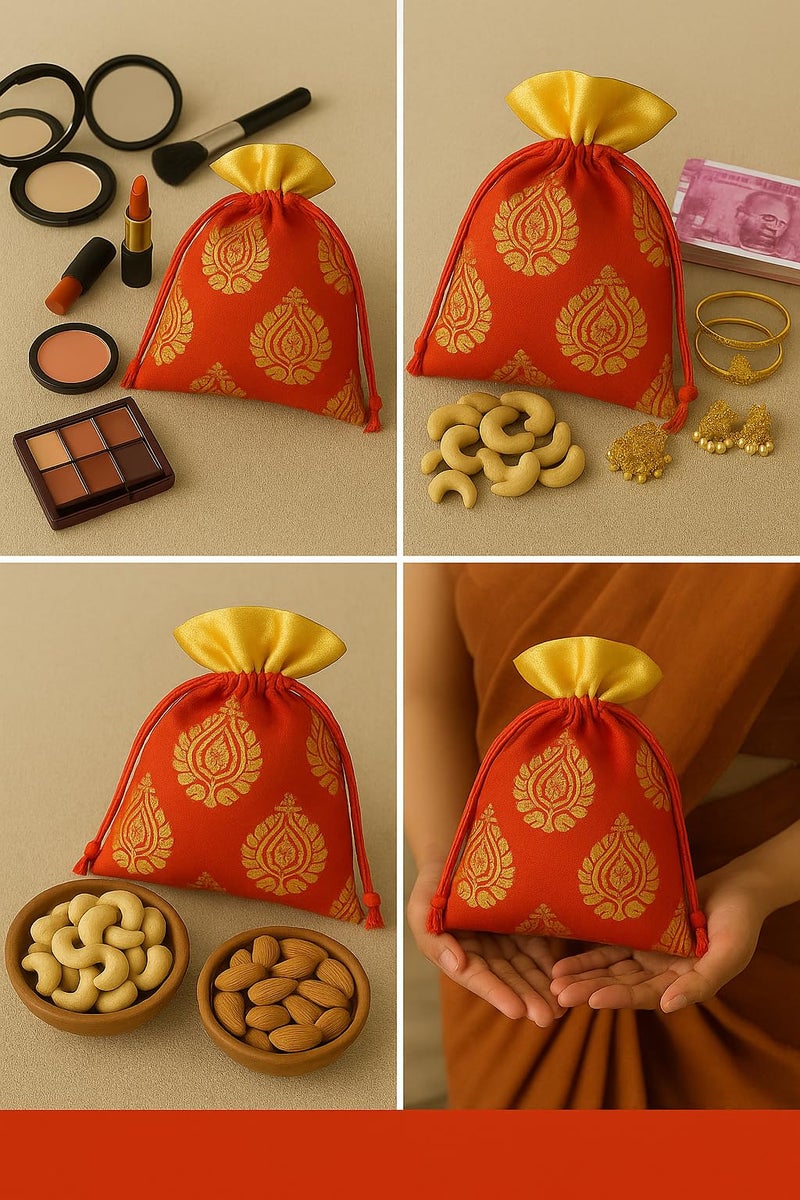 Abhaas 20PCS Drawstrings Potli Bag for Gifting | 23X18CM | for Ladies Wedding, Party Bag Potli Leaf Print for Women Kitty Parties Reusable Return Gift Purpose, Shagun Pouch, Candy Bags - Image 5