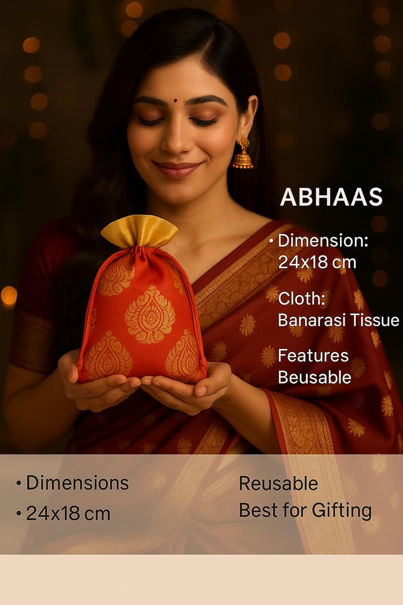 Abhaas 20PCS Drawstrings Potli Bag for Gifting | 23X18CM | for Ladies Wedding, Party Bag Potli Leaf Print for Women Kitty Parties Reusable Return Gift Purpose, Shagun Pouch, Candy Bags - Image 3