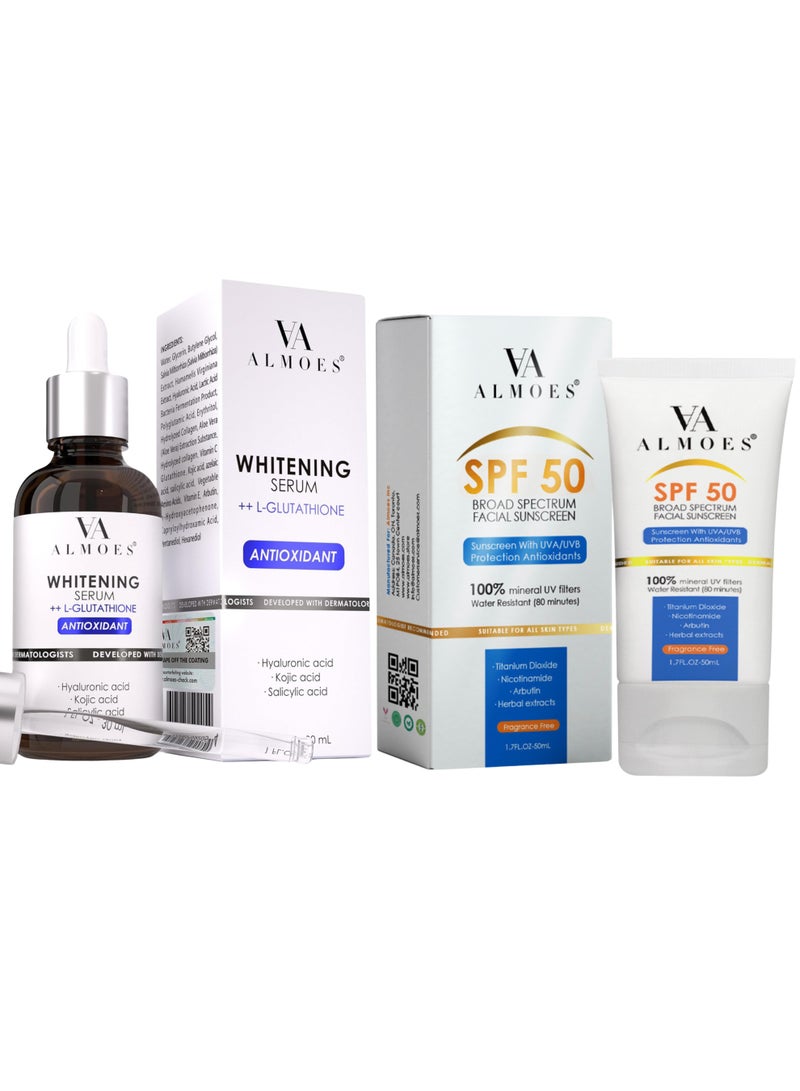 الموس مجموعة ألموس – سيروم جلوتاثيون لتفتيح البشرة 30 مل + واقي شمس SPF 50 لجميع أنواع البشرة 50 مل +