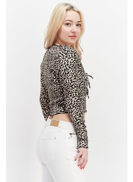 Miss Selfridge Women Petites V Neck Long Sleeve Animal Print Cardigan Top, Beige Combo  - Image 3