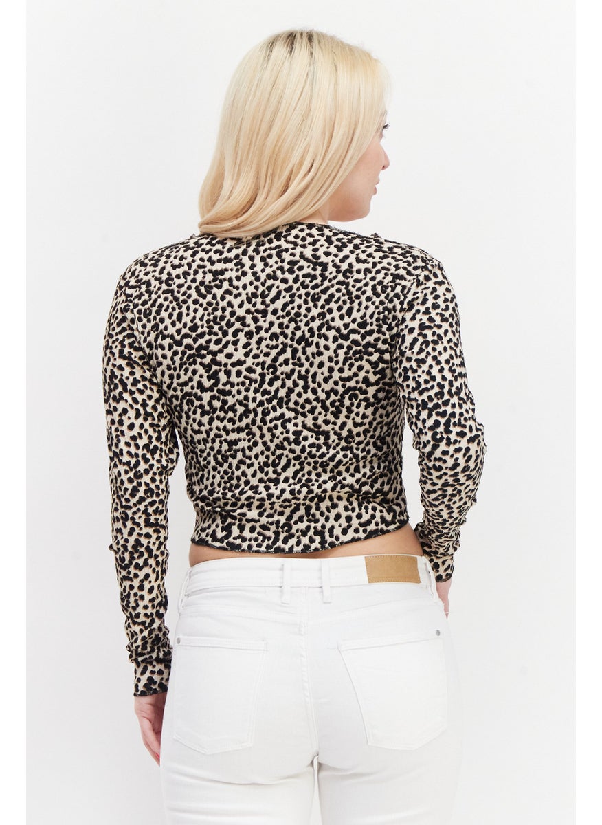 Miss Selfridge - Women Petites V Neck Long Sleeve Animal Print Cardigan Top, Beige Combo - Image 1
