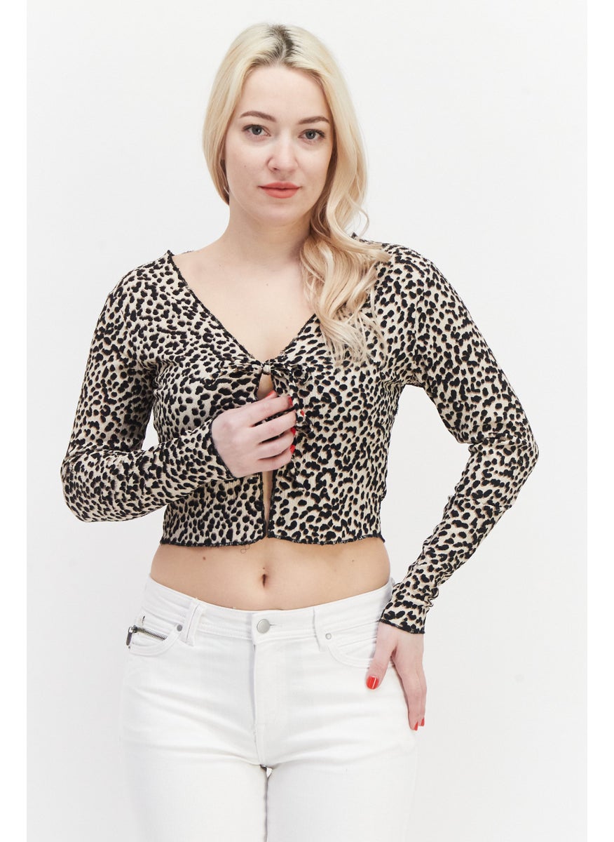 Miss Selfridge - Women Petites V Neck Long Sleeve Animal Print Cardigan Top, Beige Combo - Image 1