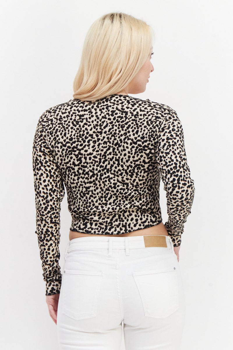 Miss Selfridge Women Petites V Neck Long Sleeve Animal Print Cardigan Top, Beige Combo - Image 2