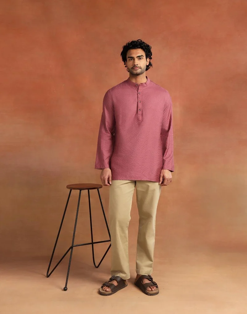 Fabindia  Wine Viscose Silk Blend Stripe Short Kurta for Men | Best Price UAE