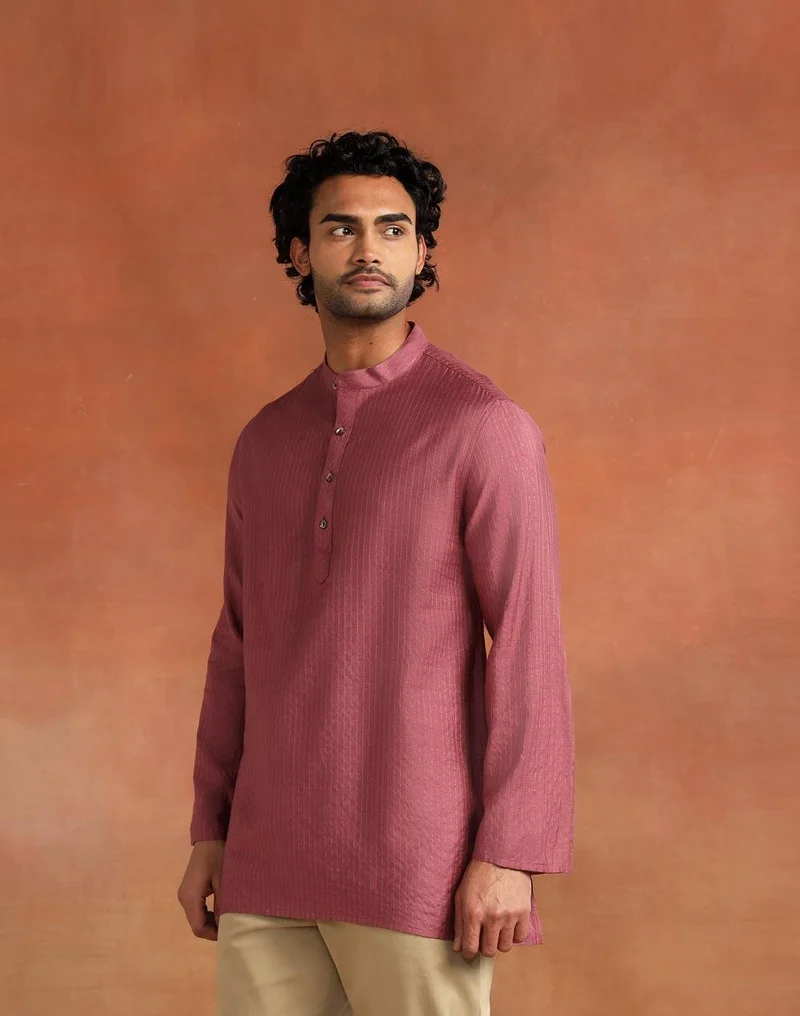 Fabindia  Wine Viscose Silk Blend Stripe Short Kurta for Men | Best Price UAE