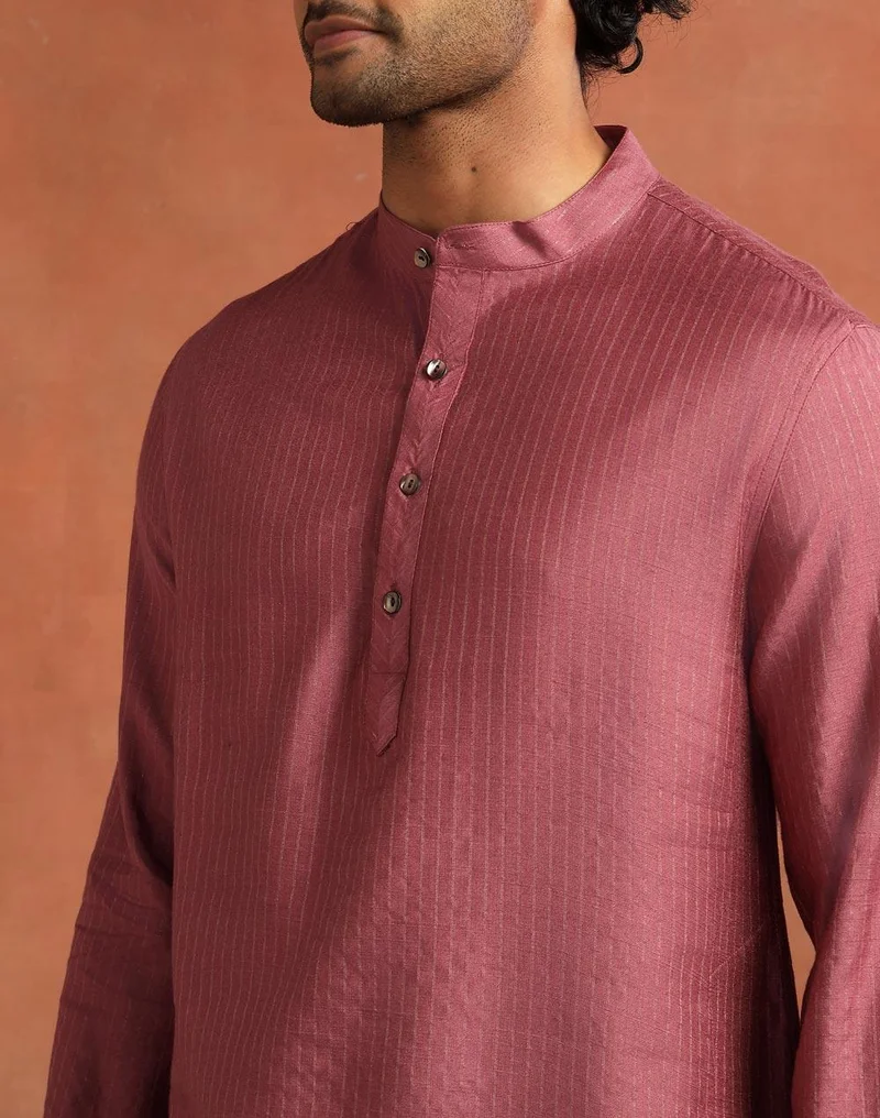 Fabindia  Wine Viscose Silk Blend Stripe Short Kurta for Men | Best Price UAE