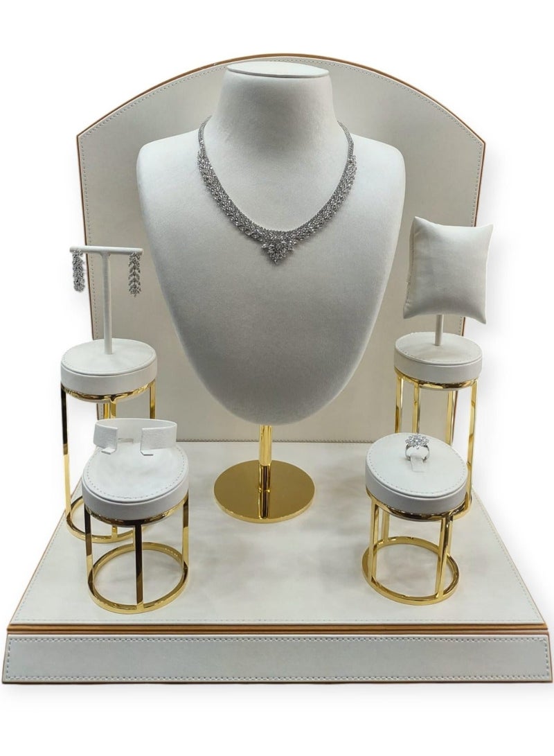 طقم عرض مجوهرات فاخر جلد ريكسين أبيض 5 قطع بقاعدة ذهبية معدنية - حامل قلادة خاتم سوار حلق راقي - Image 1