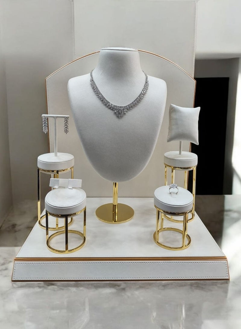 طقم عرض مجوهرات فاخر جلد ريكسين أبيض 5 قطع بقاعدة ذهبية معدنية - حامل قلادة خاتم سوار حلق راقي - Image 2