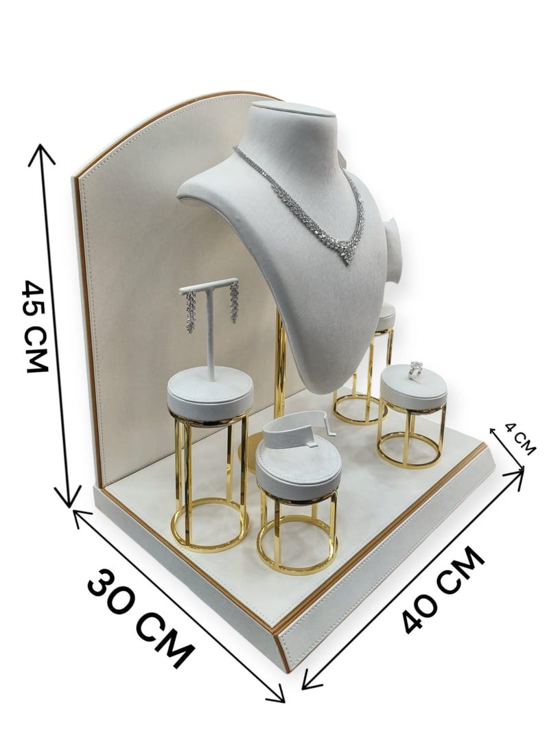 طقم عرض مجوهرات فاخر جلد ريكسين أبيض 5 قطع بقاعدة ذهبية معدنية - حامل قلادة خاتم سوار حلق راقي - Image 3