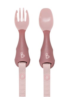 Handi Toddler Cutlery Set, Food Safe Baby Cutlery, Toddler Fork And Spoon Set, Toddler Eating Utensils For Babies 6 Months And Up, Also Attaches To Coverall Bib - Blush
