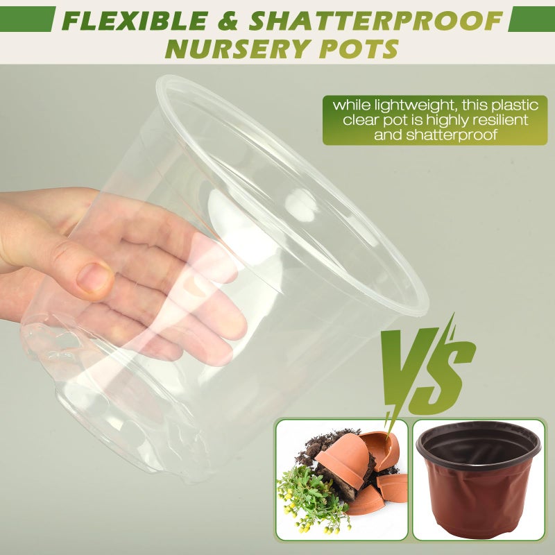 HKKZYT 4/6/8/10 Inch Large Size Clear Nursery Pots for Plants, 16 Pack Plastic Plant Pots with Drainage Holes, Durable Seedling Starter Pot for Succulents Flowers Herb Vegetables - Image 5