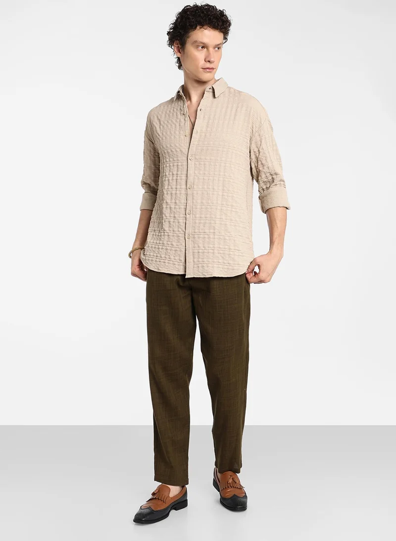 CAHOOT  Men's Saltbox Beige Dimentional-Textured Shirt For Casual Wear | Spread Collar | Long Sleeve | Button Closure | Shirt Crafted With Comfort Fit For Everyday Wear for Men | Best Price UAE