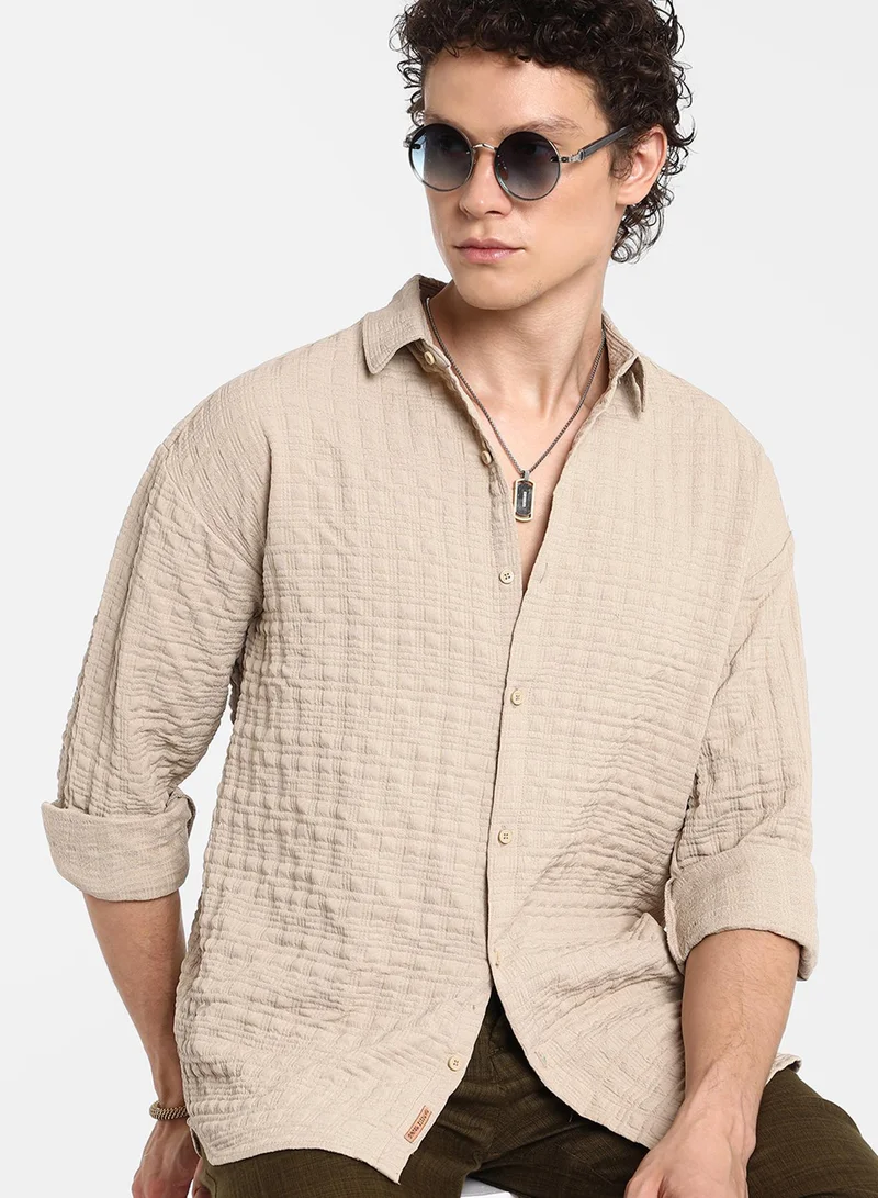 كامبوس سوترا Men's Saltbox Beige Dimentional-Textured Shirt For Casual Wear | Spread Collar | Long Sleeve | Button Closure | Shirt Crafted With Comfort Fit For Everyday Wear
