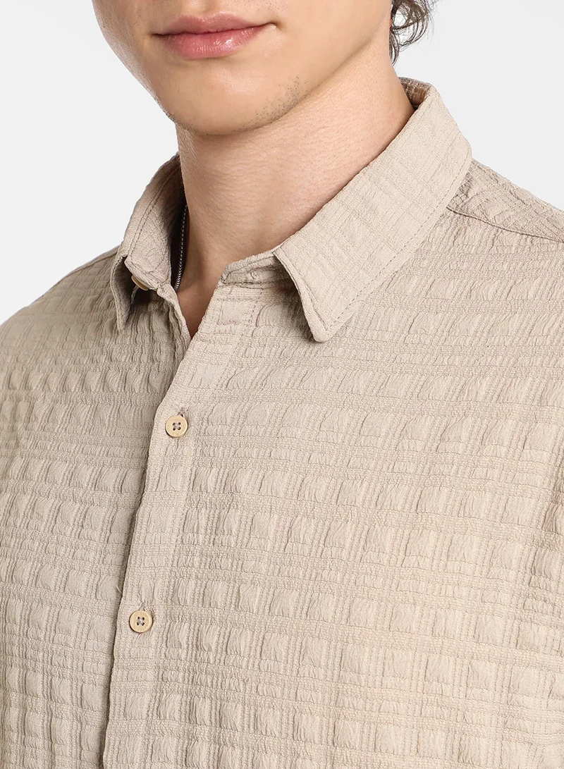 CAHOOT  Men's Saltbox Beige Dimentional-Textured Shirt For Casual Wear | Spread Collar | Long Sleeve | Button Closure | Shirt Crafted With Comfort Fit For Everyday Wear for Men | Best Price UAE