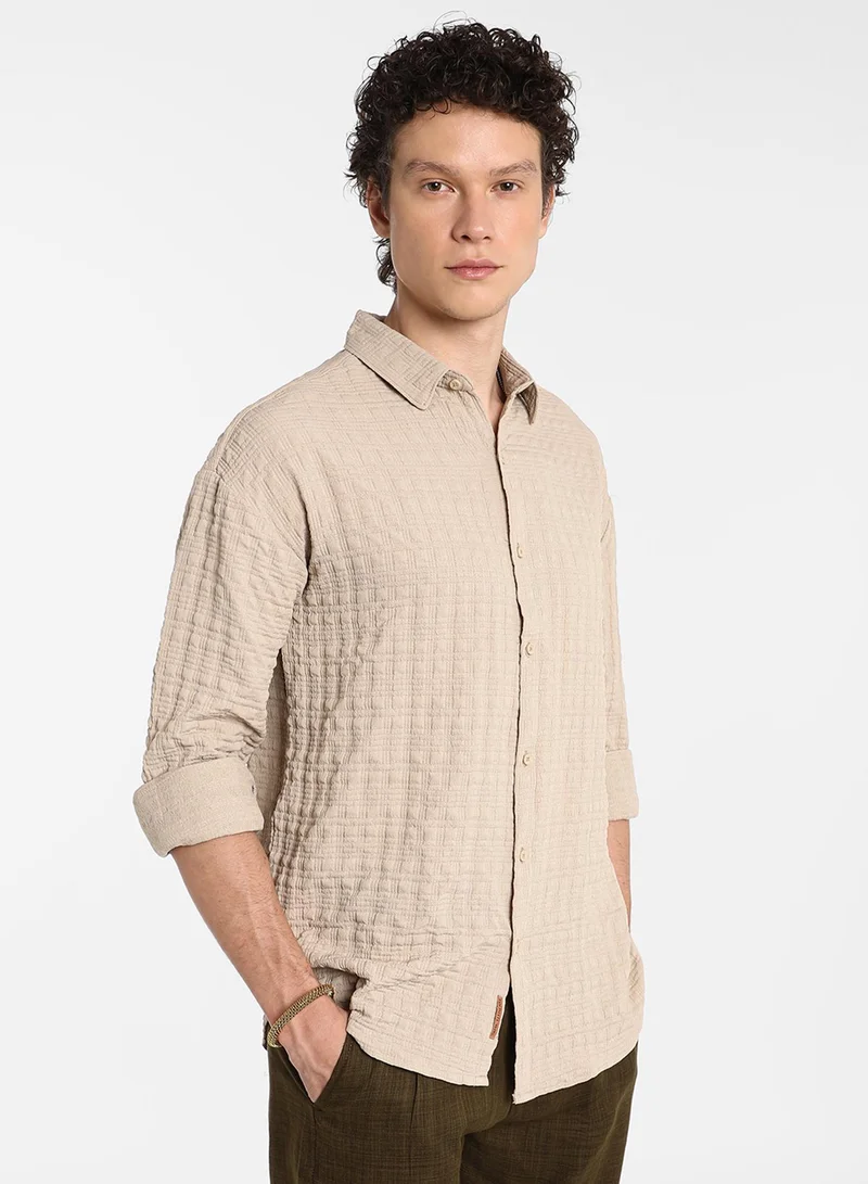 CAHOOT  Men's Saltbox Beige Dimentional-Textured Shirt For Casual Wear | Spread Collar | Long Sleeve | Button Closure | Shirt Crafted With Comfort Fit For Everyday Wear for Men | Best Price UAE
