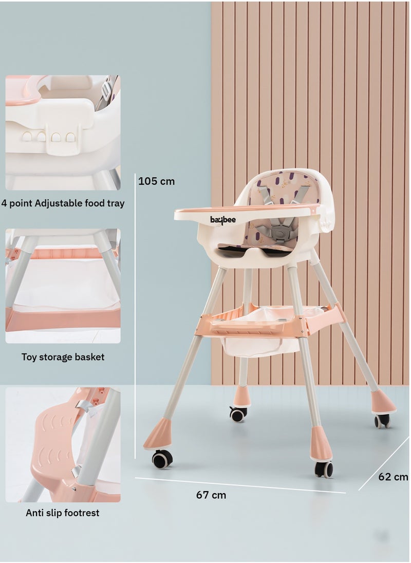 BAYBEE - 2 In 1 Baby Adjustable High Chair With Storage, Tray And  Wheels For 6 Months to 3 Years, Pink - Image 1