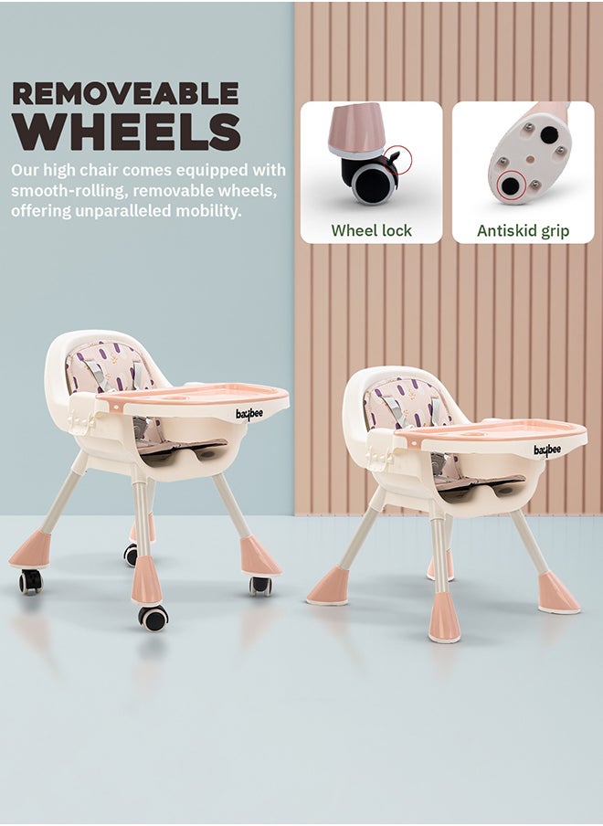 BAYBEE - 2 In 1 Baby Adjustable High Chair With Storage, Tray And  Wheels For 6 Months to 3 Years, Pink - Image 1