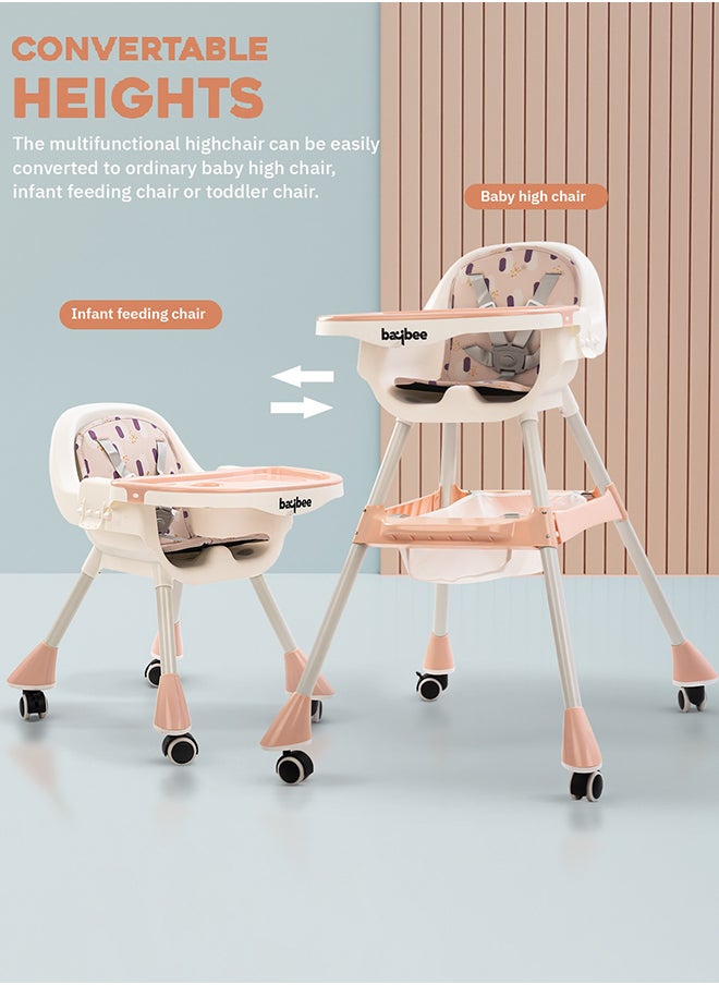 BAYBEE - 2 In 1 Baby Adjustable High Chair With Storage, Tray And  Wheels For 6 Months to 3 Years, Pink - Image 1