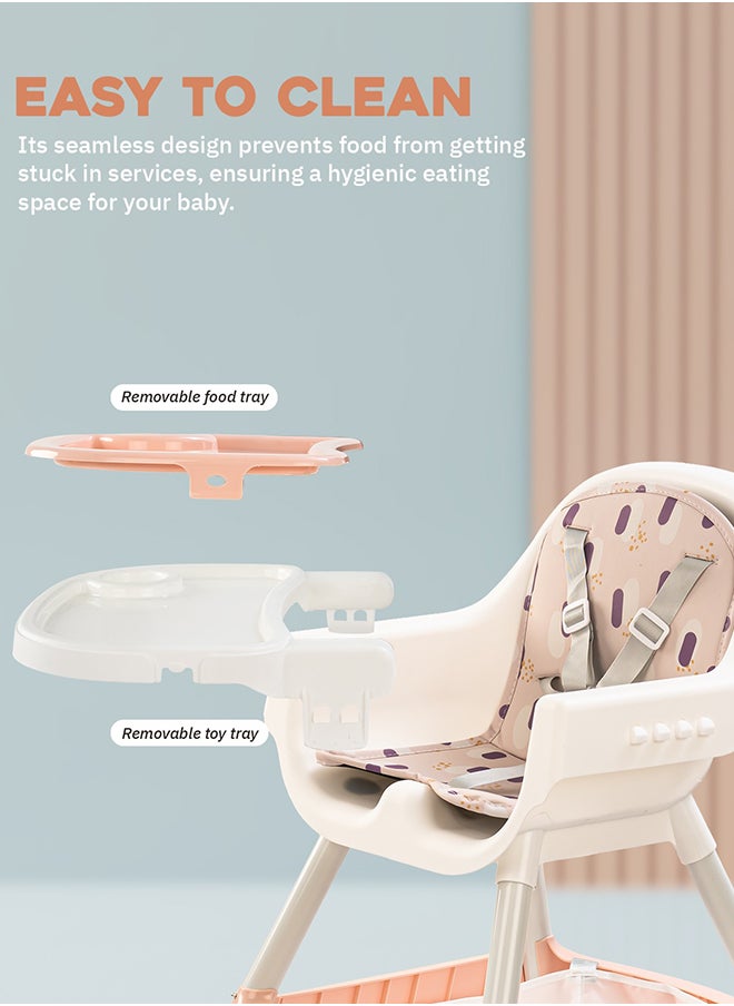 BAYBEE - 2 In 1 Baby Adjustable High Chair With Storage, Tray And  Wheels For 6 Months to 3 Years, Pink - Image 1