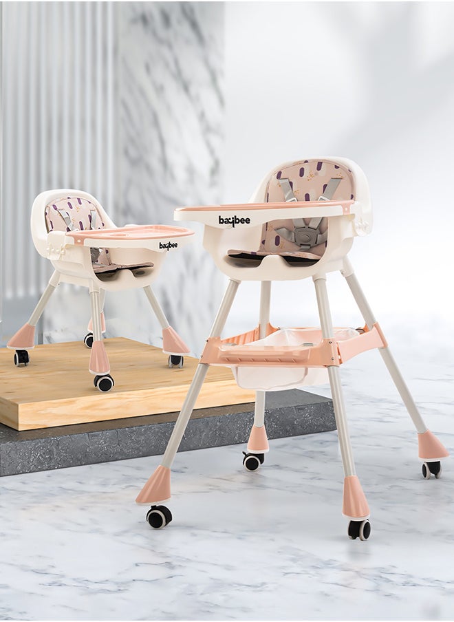 BAYBEE - 2 In 1 Baby Adjustable High Chair With Storage, Tray And  Wheels For 6 Months to 3 Years, Pink - Image 1