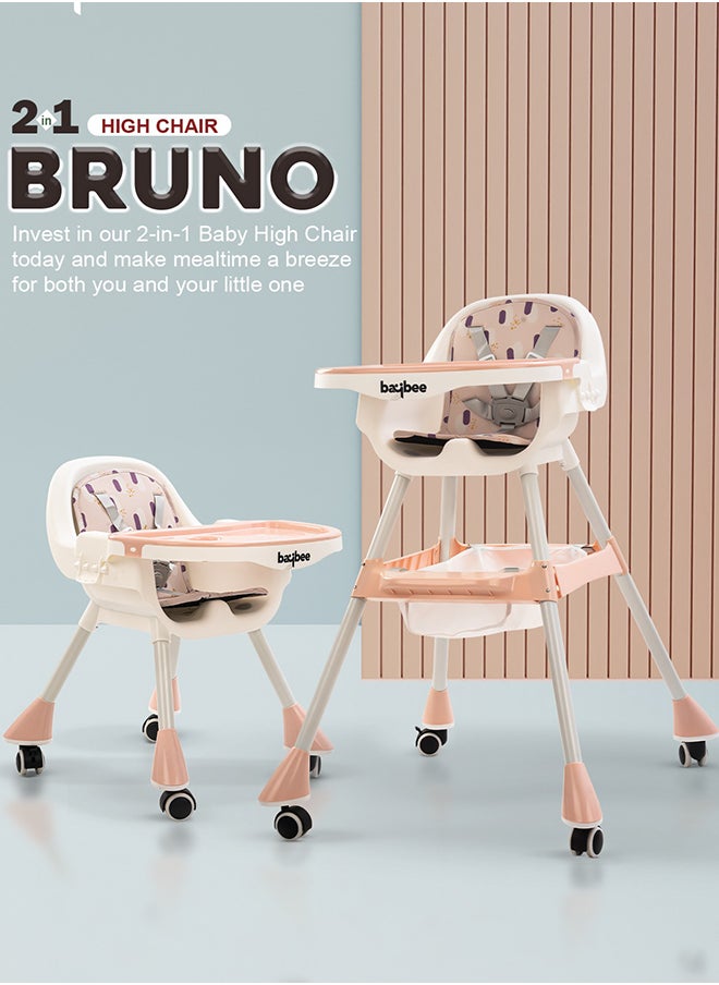 BAYBEE - 2 In 1 Baby Adjustable High Chair With Storage, Tray And  Wheels For 6 Months to 3 Years, Pink - Image 1