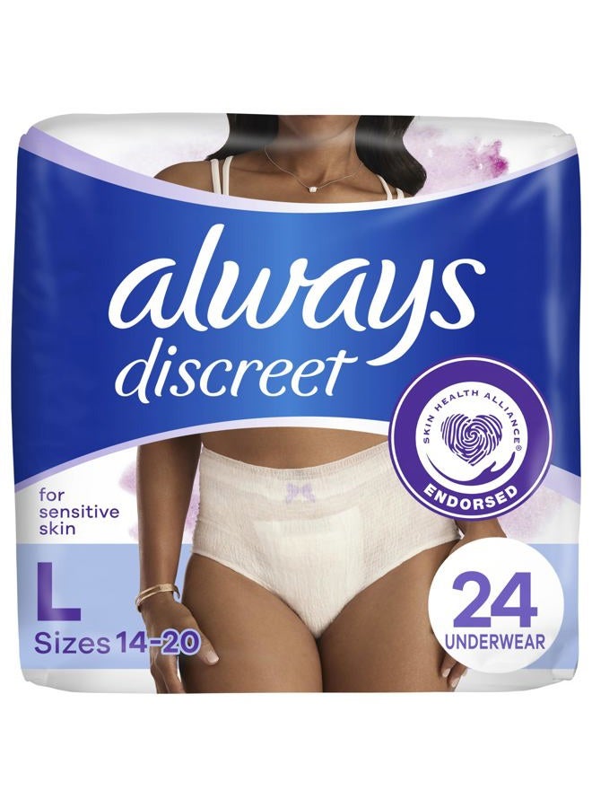 Always Discreet for Sensitive Skin Underwear, Four Times Skin Protection, Dermatologically Tested, Fragrance-Free, Maximum Absorbency, Large, 24 Count - Image 1