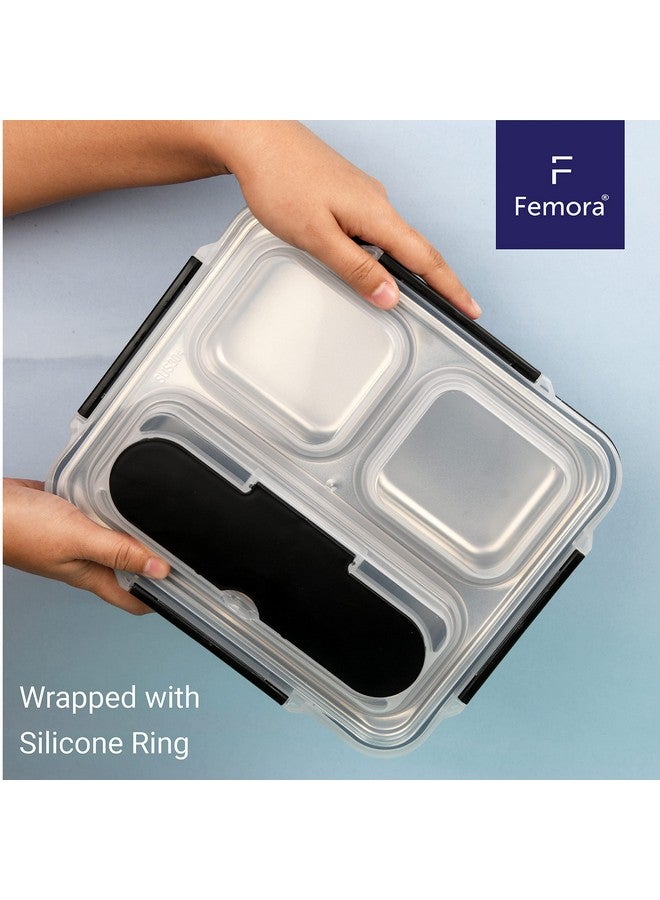 Femora High Steel Container Rectangle Lunch Box for Office-College-School - (Not Leakproof) (3 Pots) - Black - Image 2