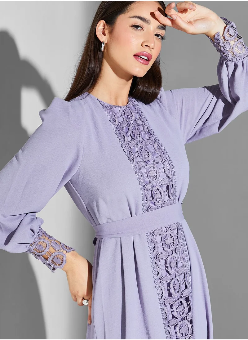 Namshi x Modanisa Broidered Belted Balloon Sleeve Dress