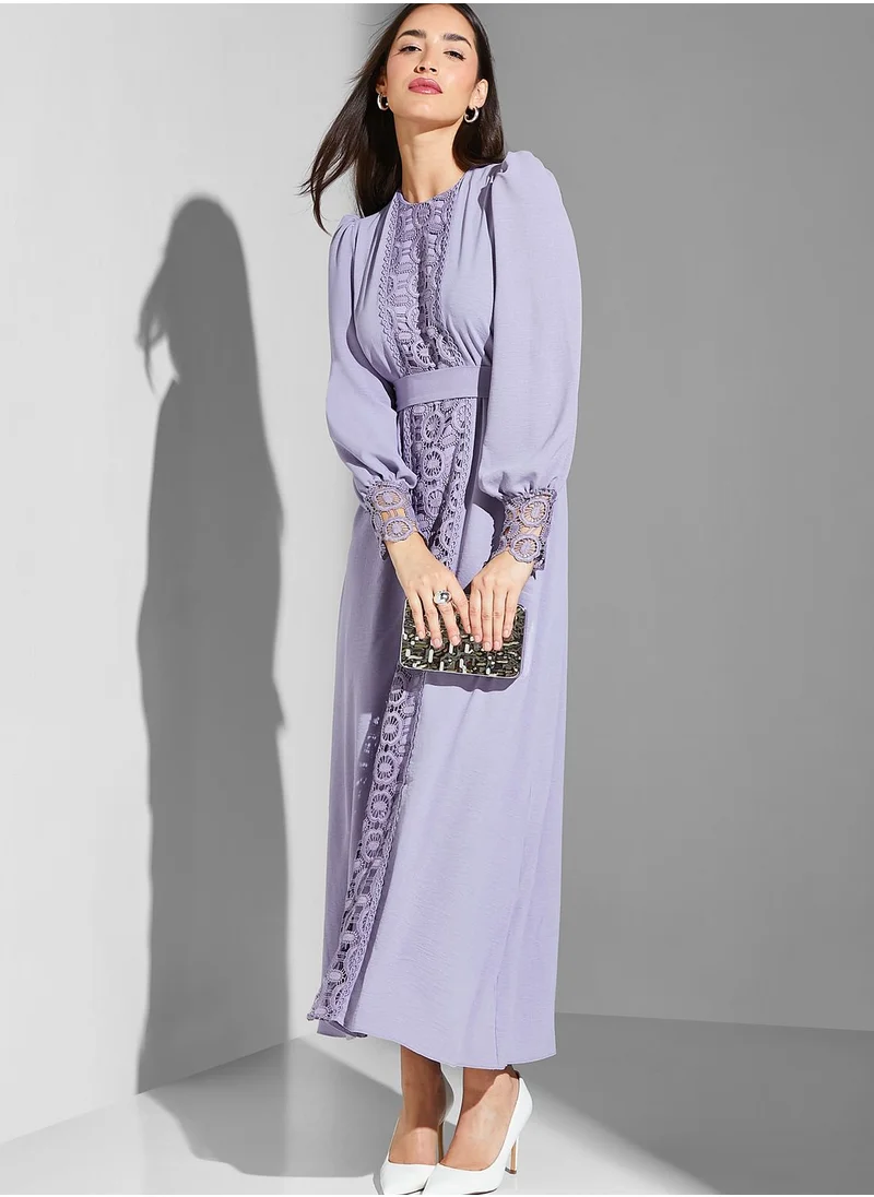 Namshi x Modanisa Broidered Belted Balloon Sleeve Dress