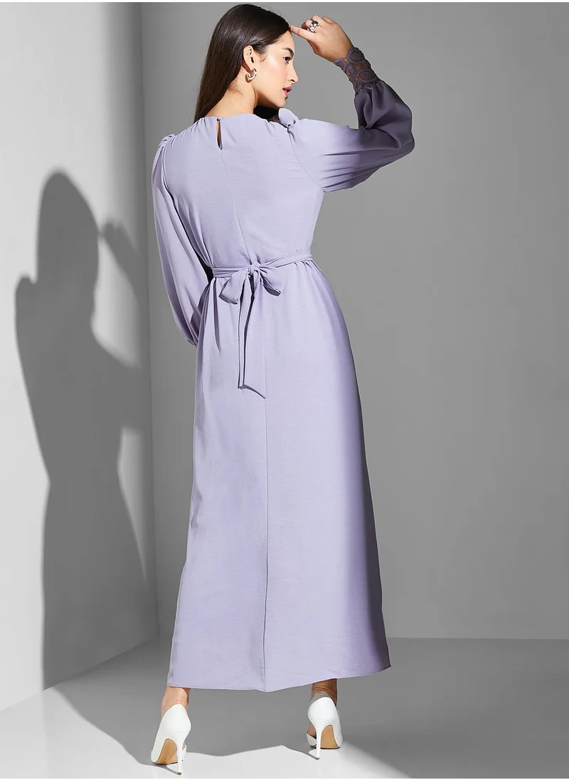 Namshi x Modanisa Broidered Belted Balloon Sleeve Dress
