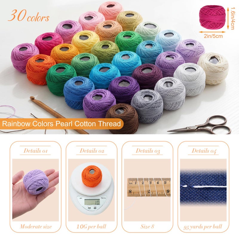 Maasechs 30 Balls Pearl Cotton Thread Size 8 Rainbow Colors Crochet Thread Set, Soft Long Staple Mercerized Cotton Yarn for Crochet, Cross Stitch, Hand Embroidery, Friendship Bracelets DIY Crafts - Image 2
