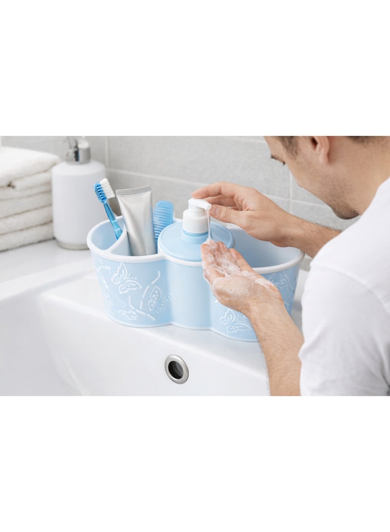 Plastic Kitchen & Bathroom Sink Organizer Caddy with Liquid Soap Dispenser Pump, Sponge & Toothbrush Holder, Butterfly Design - Light Blue - Image 2