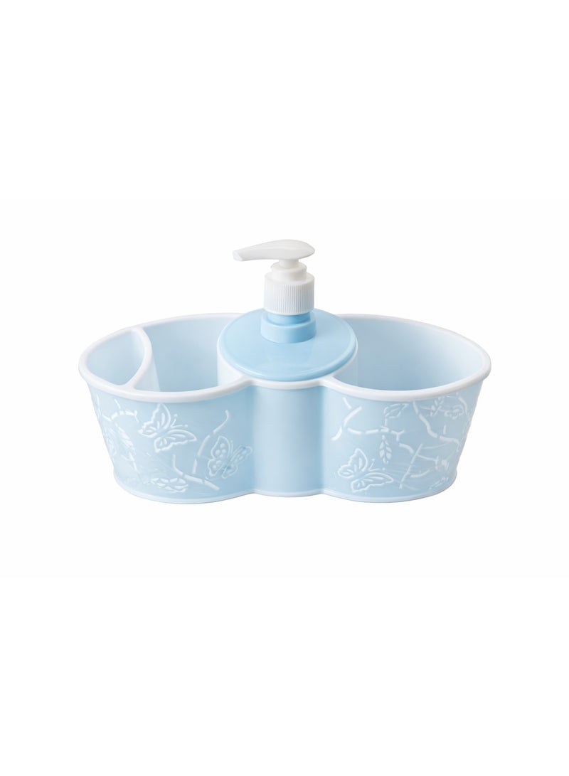 Plastic Kitchen & Bathroom Sink Organizer Caddy with Liquid Soap Dispenser Pump, Sponge & Toothbrush Holder, Butterfly Design - Light Blue - Image 1