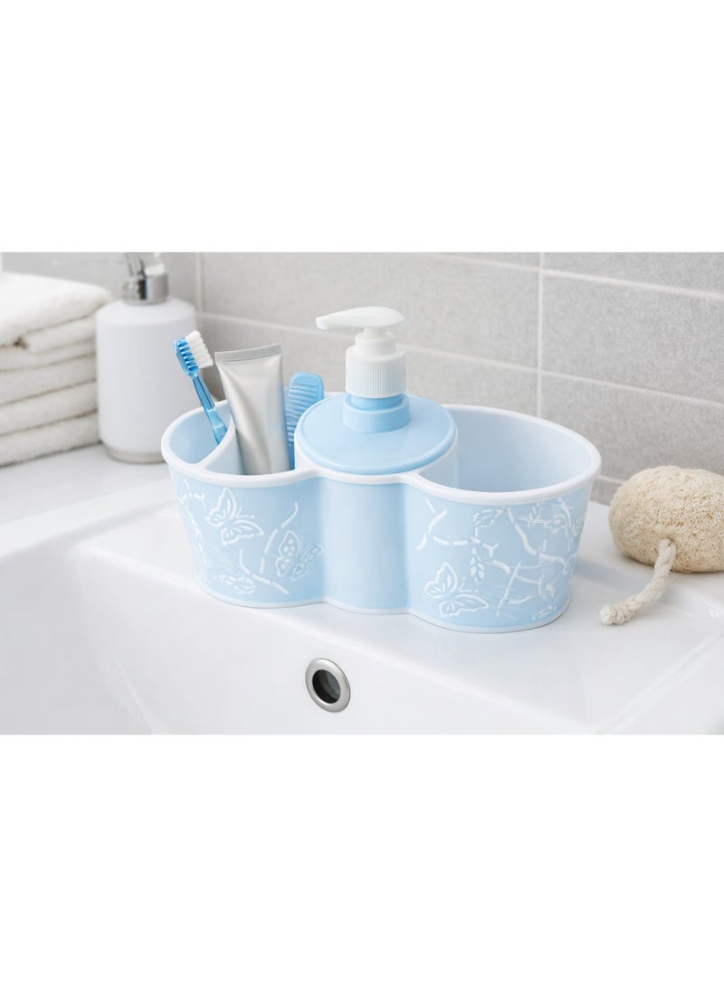 Plastic Kitchen & Bathroom Sink Organizer Caddy with Liquid Soap Dispenser Pump, Sponge & Toothbrush Holder, Butterfly Design - Light Blue - Image 3