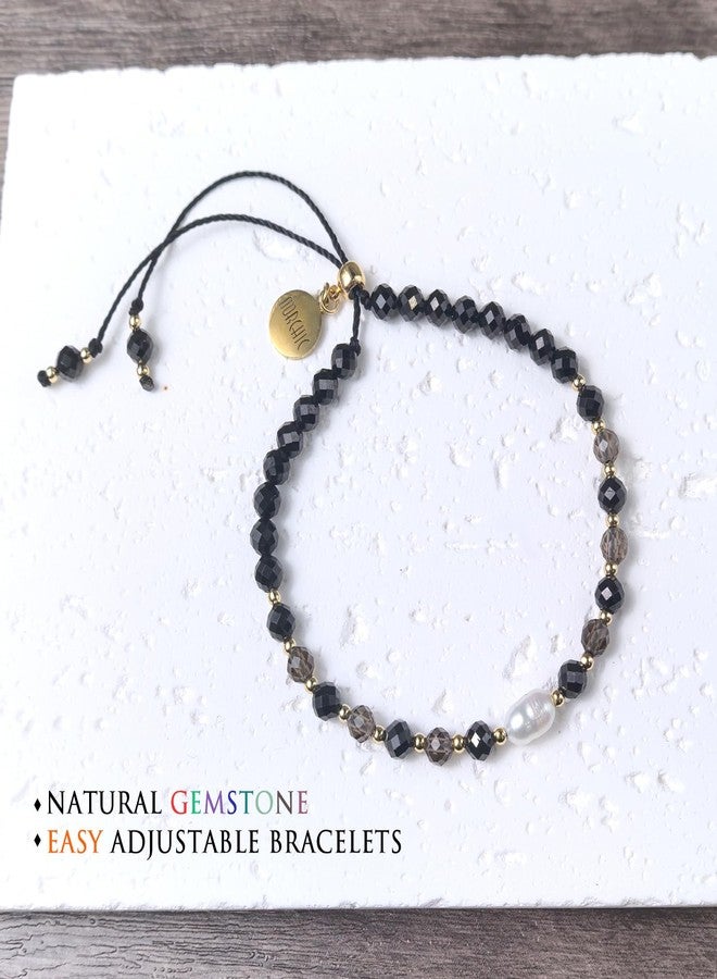 Morchic Easy Adjustable Bracelet : Black Spinel, Smoky Quartz & Pearl, 14K Gold Plated - Women's Birthday Gift - Image 3