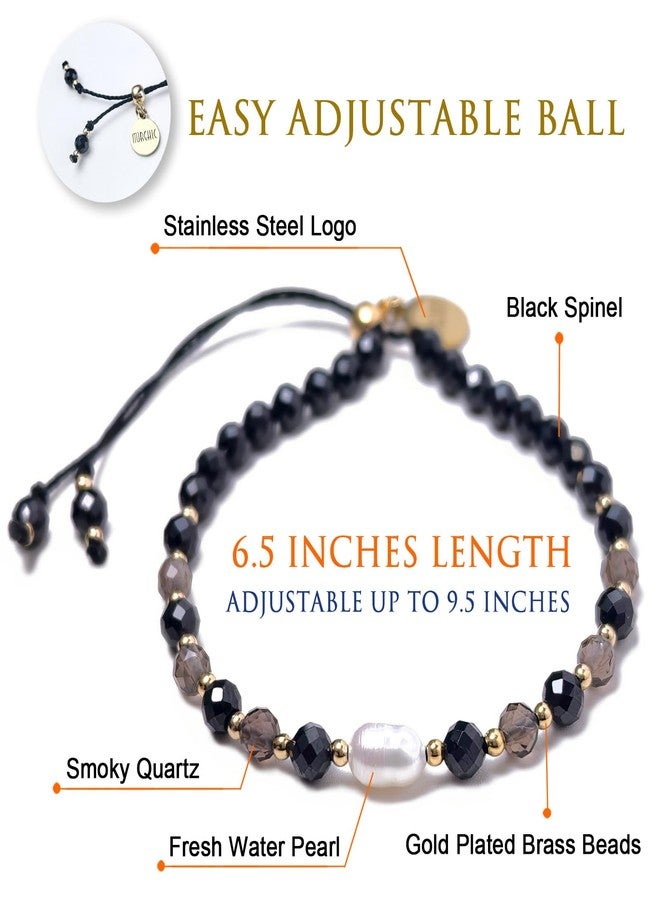Morchic Easy Adjustable Bracelet : Black Spinel, Smoky Quartz & Pearl, 14K Gold Plated - Women's Birthday Gift - Image 2