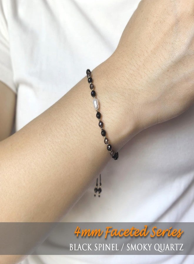 Morchic Easy Adjustable Bracelet : Black Spinel, Smoky Quartz & Pearl, 14K Gold Plated - Women's Birthday Gift - Image 4